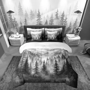 Grey Forest Comforter Set,7 Piece Rustic Woodland Pine Tree Bedding Set,Jungle Smoky Mountain Bed in A Bag,Retro Natural Landscape Sheet Set