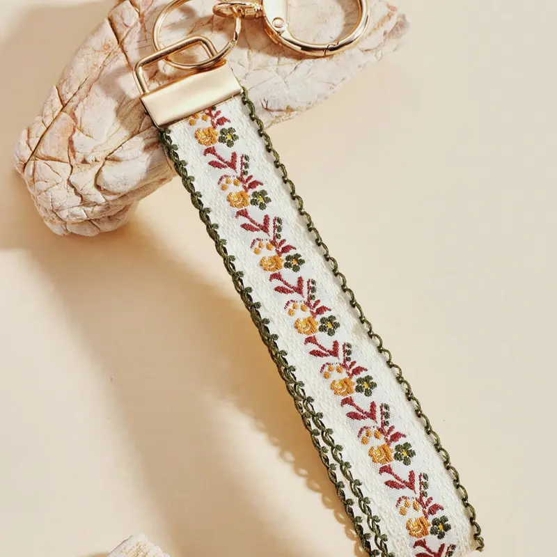 1 Piece Of Zinc Alloy Key Chain, Bag Charms, Aesthetic Keychain, Floral Pattern Keychain, Double Layer Ribbon Keychain, Webbing Key Chain, Keychain Accessories, Wrist Key Chain, Women's Car Key Chain, Stylish Keychain