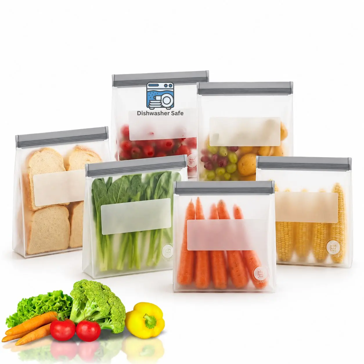 Reusable Kitchen Food Storage Bags - 6-Pack Gallon Stand-Up Baggies, BPA-Free, Airtight Leakproof, Transparent, Handy, Washable, Freezer & Dishwasher Safe, Eco-Friendly Multicolor (Grey) Organizers