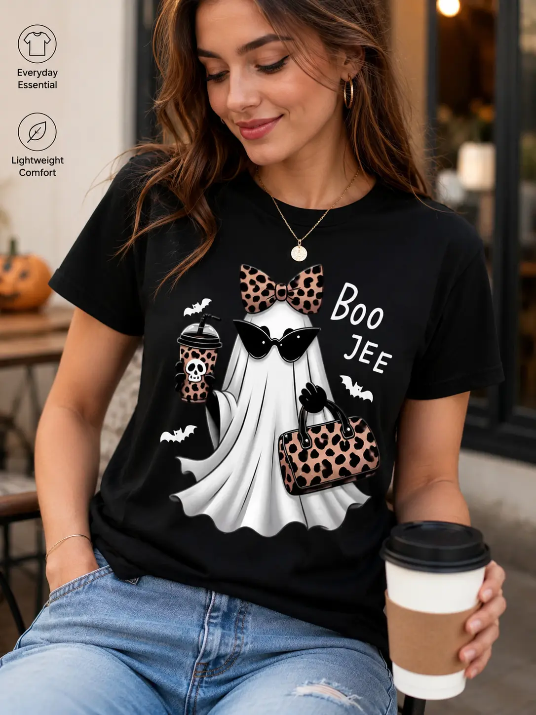 Boo Jee Leopard Ghost Fashion Letter Print Black Shirt T-Shirt Tee Top Oversized Unisex Harajuku Streetwear Casual Sweet Wear Outfit Men Women Trendy Spooky Graphic Fashion