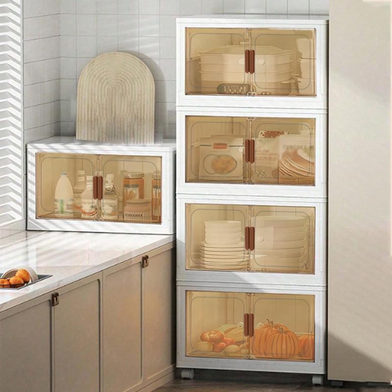 Stackable plastic storage boxes with transparent doors, durable foldable design, suitable for kitchen and home organization, multi-purpose folding cabinet boxes, kitchen storage boxes and storage cabinets.