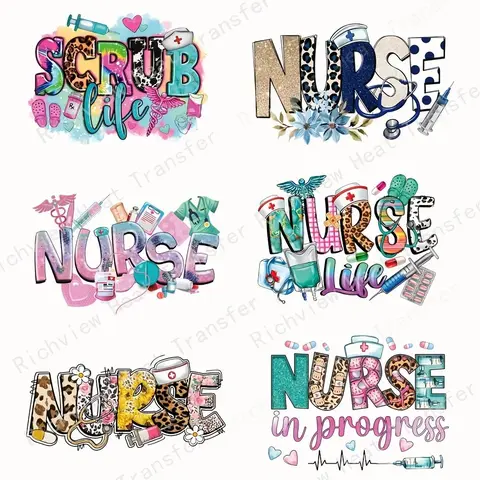 Nurse Letter Pattern Heat Transfer Sticker, 6 Counts/set DIY Craft Art Washable Durable Print-on T-shirt Iron on Patch, Heat Transfer Sticker for Clothes, DIY Material, DIY Kit, DIY Craft Supplies