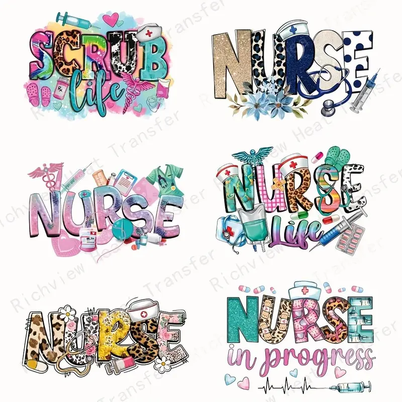 Nurse Letter Pattern Heat Transfer Sticker, 6 Counts/set DIY Craft Art Washable Durable Print-on T-shirt Iron on Patch, Heat Transfer Sticker for Clothes, DIY Material, DIY Kit, DIY Craft Supplies