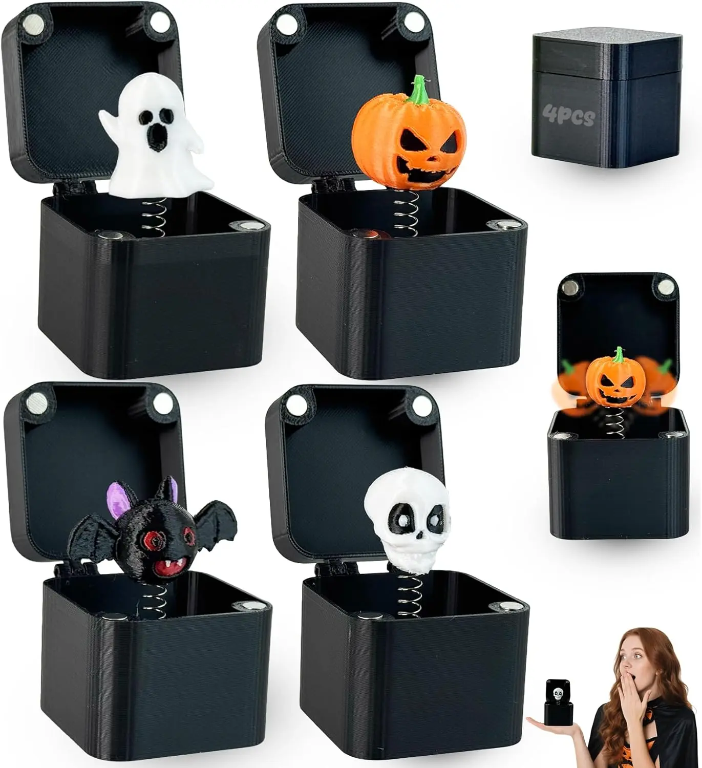 4PCS 3D Printed Halloween Gag Toys - Skeleton, Ghost, Pumpkin, Bat - Pop-Up Gift Box Included, Kids' Halloween Party Favors, Trick-or-Treat Goodie Bag Fillers