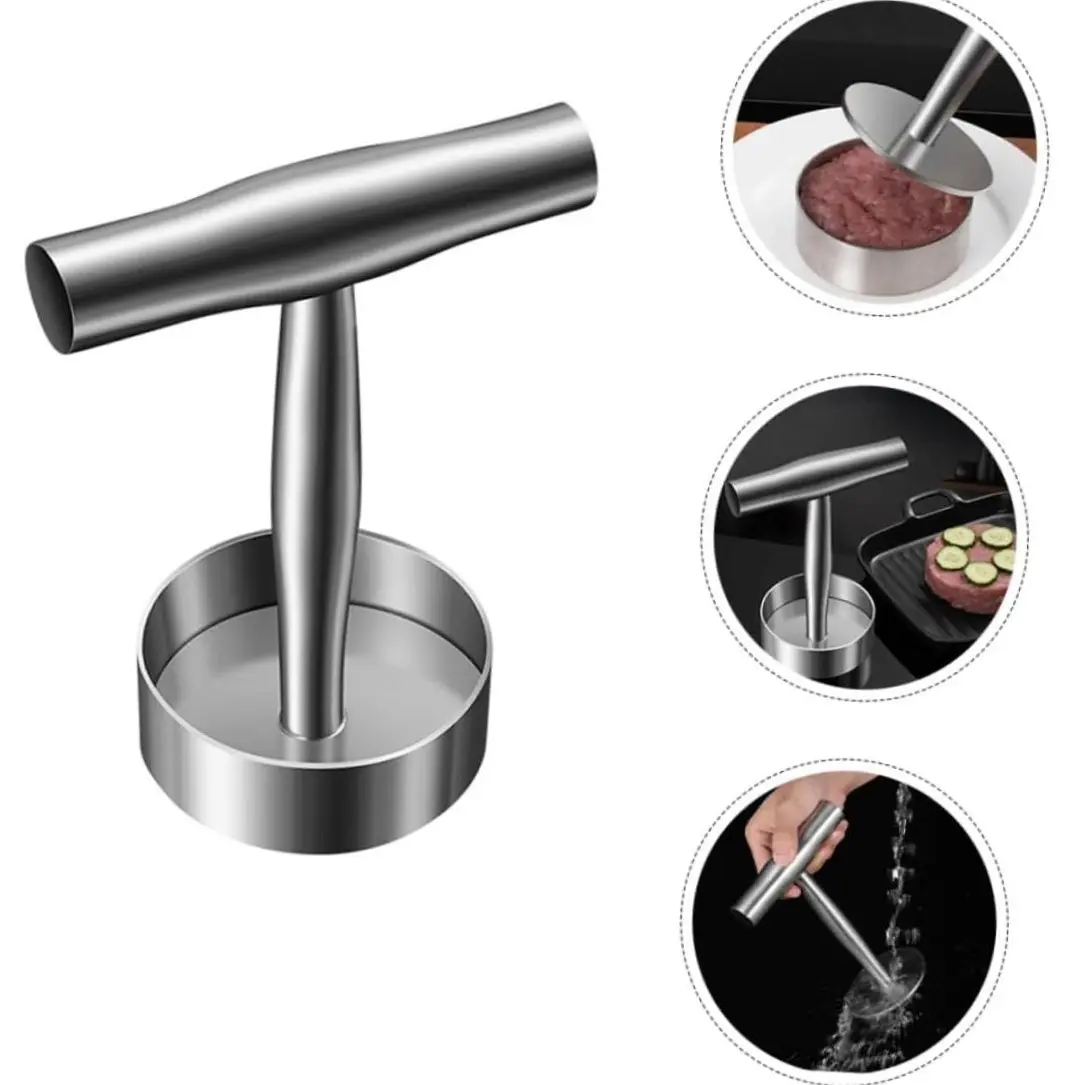 Stainless Steel Silver Solid Burger Press - Non-Stick Meat Patty Maker Mold, Easy-to-Use Griddle Hamburger Smasher, Uniform Patties Tool, Durable Rust-Proof, Dishwasher Safe Kitchen Cooking Accessories for BBQ, Grilling