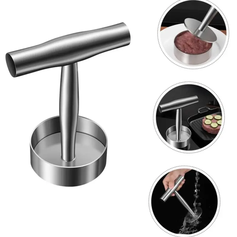 Stainless Steel Silver Solid Burger Press - Non-Stick Meat Patty Maker Mold, Easy-to-Use Griddle Hamburger Smasher, Uniform Patties Tool, Durable Rust-Proof, Dishwasher Safe Kitchen Cooking Accessories for BBQ, Grilling, Fast Burger Prep