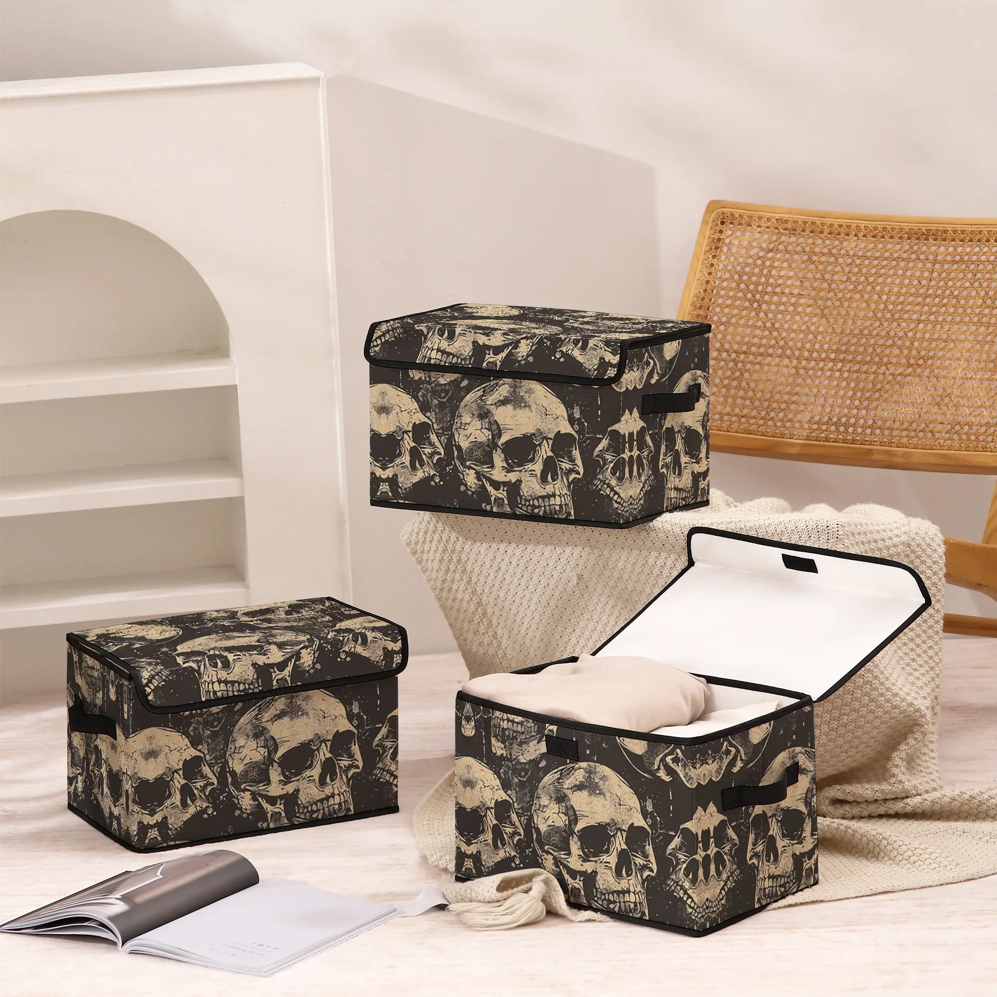 Skull Pattern Printed Storage Box with Handles, Stylish Organizer for Bedroom Closet and Underbed Storage, Perfect for Clothes, Blankets, Sheets & Toys