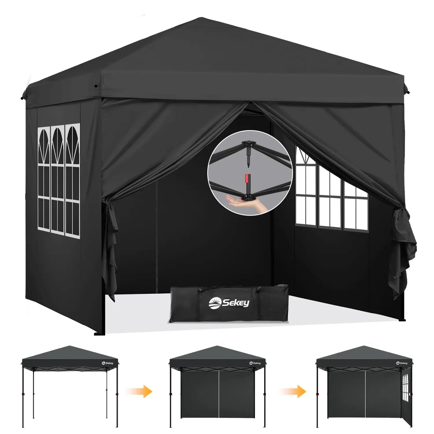 Sekey 10x10 FT Pop Up Canopy Tent, One-Click Instant Setup, Waterproof Heavy Duty Gazebo with 4 Sidewalls, Adjustable Height for Camping & Backyard