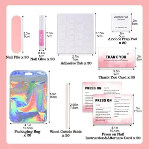 Press On Nail Tool Kit for Nail Business, Nail Prep Application Disposable Kit with Nail File, Nail Glue, Prep Pads, Instruction Card, Adhesive Nail Tabs, Wood Stick, Holographic Bag (20pcs in Pink)
