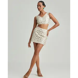 Roya Mini Skirt - Gold Mirror Embroidery, High Rise Fit, Statement Piece