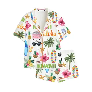 Women's Hawaii Travel Long & Short Sleeve Satin Pajama Set, Gift for Her, Funny Lounge Outfit Gift, Loungewear Long & Short Set, Soft Sleeper Wearing