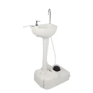 Portable Removable Outdoor Wash Basin with Foot Pump Towel Rack Soap Dispenser Wheels Lightweight Light Bathroom Accessory Washbasin White