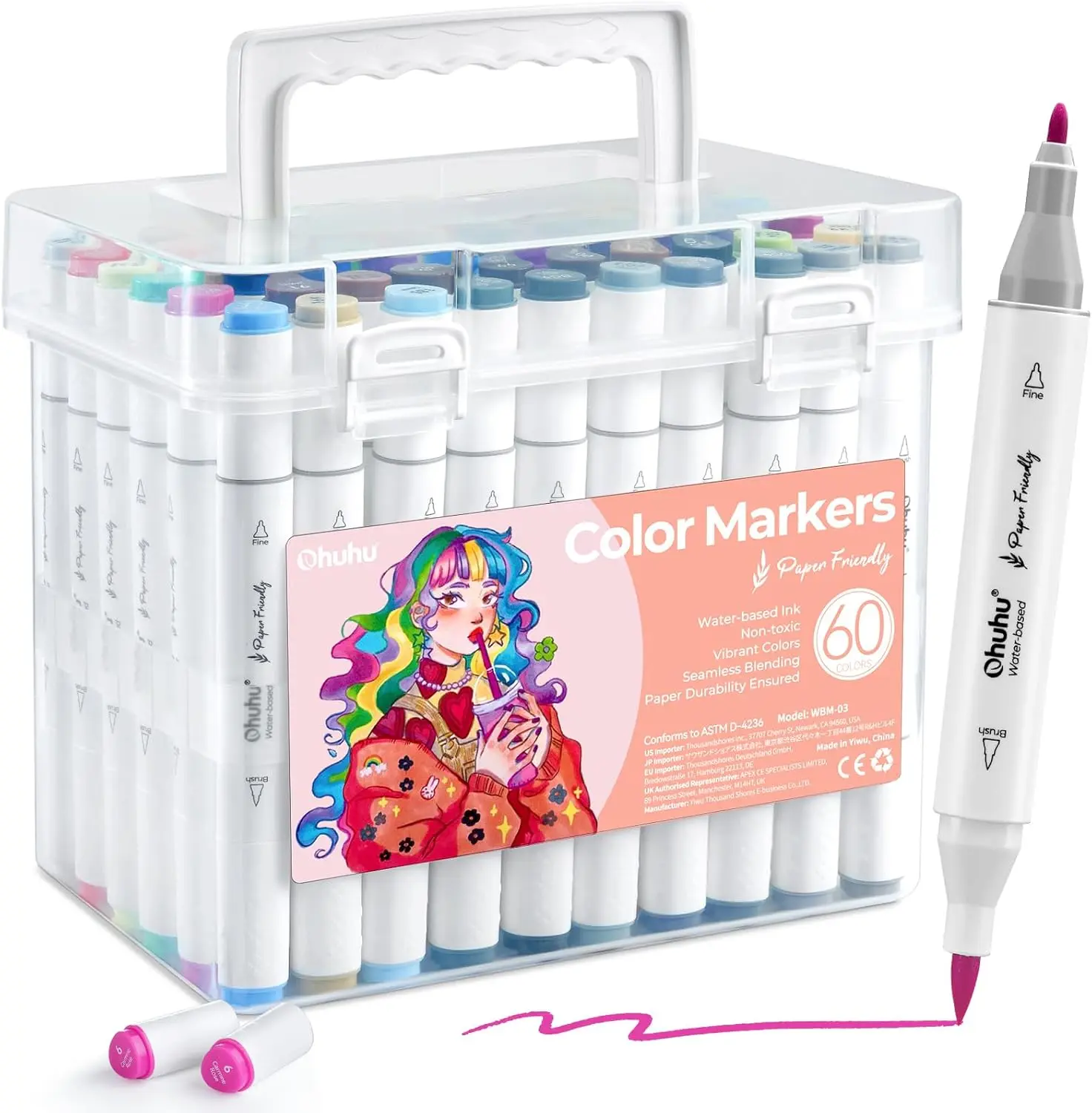 Ohuhu Markers: Brush & Fine Tip - 60 Colors - Paper-friendly No Peeling Water-based Dual Tips - Coloring Markers for Adult Coloring Books No Bleeding Drawing Pens for Kids Adults Beginner Calligraphy