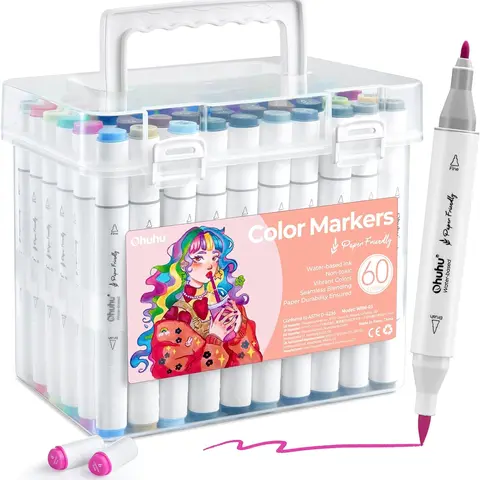 Ohuhu Markers: Brush & Fine Tip - 60 Colors / 120 Colors - Paper-friendly No Peeling Water-based Dual Tips - Coloring Markers for Adult Coloring Books No Bleeding Drawing Pens for Kids Adults Beginner Calligraphy