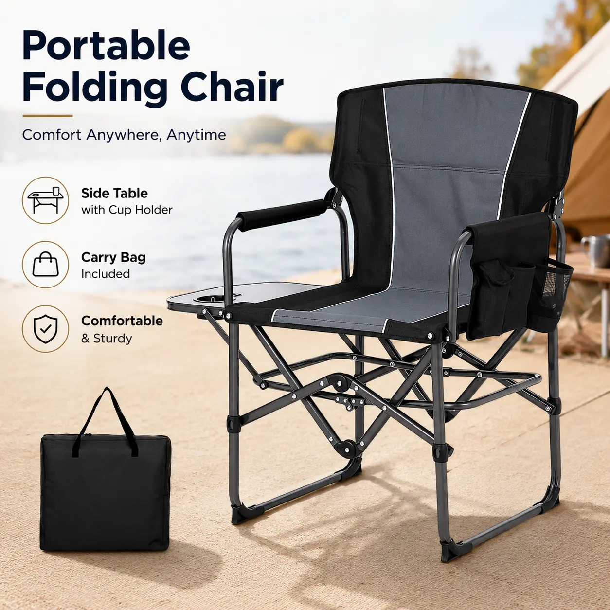 Garvee Oversized Heavy-Duty Camping Director's Chair for Adults, 400 lb Capacity Folding Outdoor Chair - Side Table - Storage Pocket - Cup Holder - High Back - Black, 1 Pack