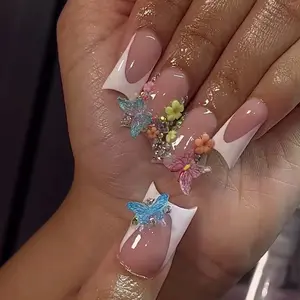 24pcs French Butterfly Flower Rhinestone Acrylic Press-On Nails Set, Includes Jelly Glue and Nail File, Perfect for Parties and Daily Use, Diy Nail Art