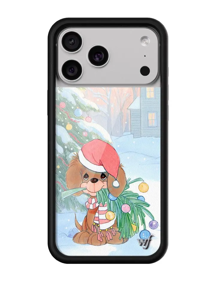 Precious Moments Holiday Pup | Limited Edition Trendy Collab iPhone Case | Raised Protective Black Bumper | Women Owned Small Business | Holiday Celebration Snowy Homes Brown Pup Vibrant Tree and Ornaments | Safety Casing Protective | Gift for Her