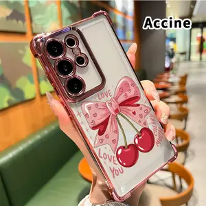 Sweet Cherry Bow Pattern Phone Case Compatible with Samsung Galaxy S23 Ultra S24 Plus S25 S22+ FE Edge Electroplated Cover with Airbag Shockproof Soft Silicone Casing
