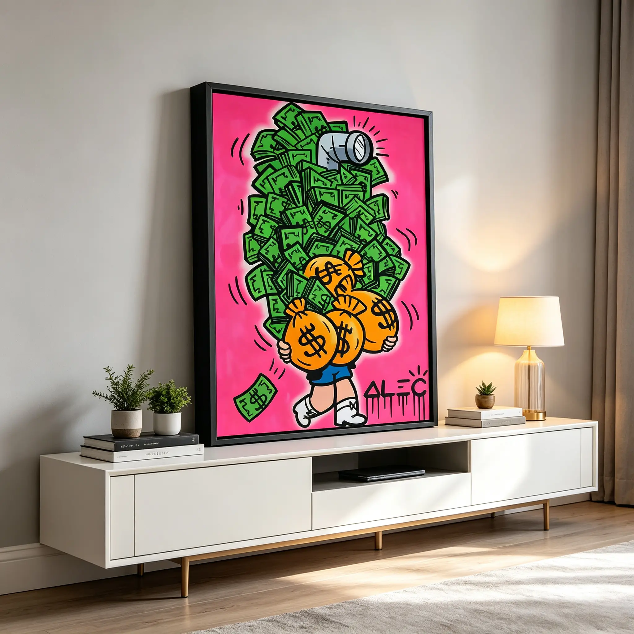 Pink Money Blunt Alec Monopoly Style Canvas Wall Art, Rich Dollar Bag Graffiti Street Art Print, Trendy Pop Art Framed Painting, Luxury Cash Aesthetic Wall Decor For Bedroom Living Room Apartment Wall Hanging Gift