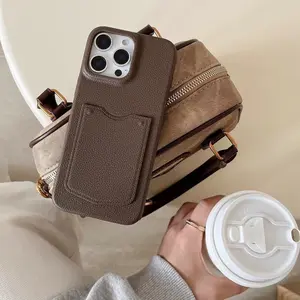 Lychee Pattern Simple Brown Applicable Ip16promaxip15 Phone Case 14 Card Holder Advanced Fashion Simple Cover Protector Leather