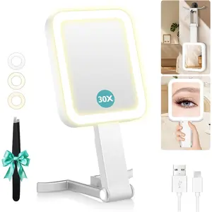 Magnifying Travel Makeup Mirror with Lights, Double-Sided 1X/30X Magnifying Mirror, 3 Color Lighting & Brightness Adjustable, Portable &Foldable Handheld Mirror with Lights(10" L x 5" W)