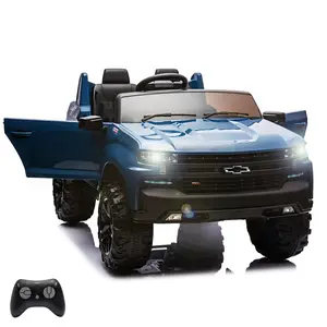 GARVEE 24V Electric Ride-On Vehicle Licensed Chevrolet Silverado 2-Seater with Remote Control, LED Lights, MP3, and Bluetooth Connectivity in Blue for Young Riders