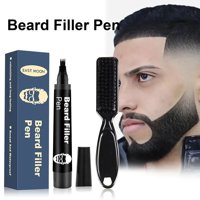 Beard Pencil Filler for Men - Waterproof & Sweatproof Beard Pen Kit with Blending Brush | Long-Lasting Natural Look Patchy Beard Corrector, Mustache & Hairline Filler Styling Kit (Black / Dark Brown)