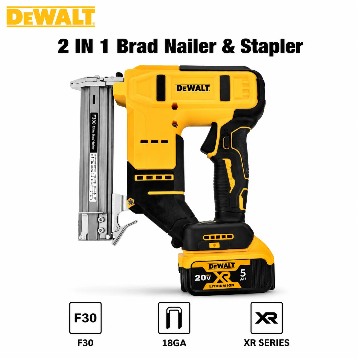 DEWALT F30 20V Brushless 2-in-1 Nailer Stapler, Tool-Free Jam Clearing & Adjustable Nail Depth, Single and Contact Firing Modes, Safe Anti-Misfire Design, Lightweight Portable Woodworking Tool, Perfect for Indoor Renovation, Furniture Fixing & DIY Craft