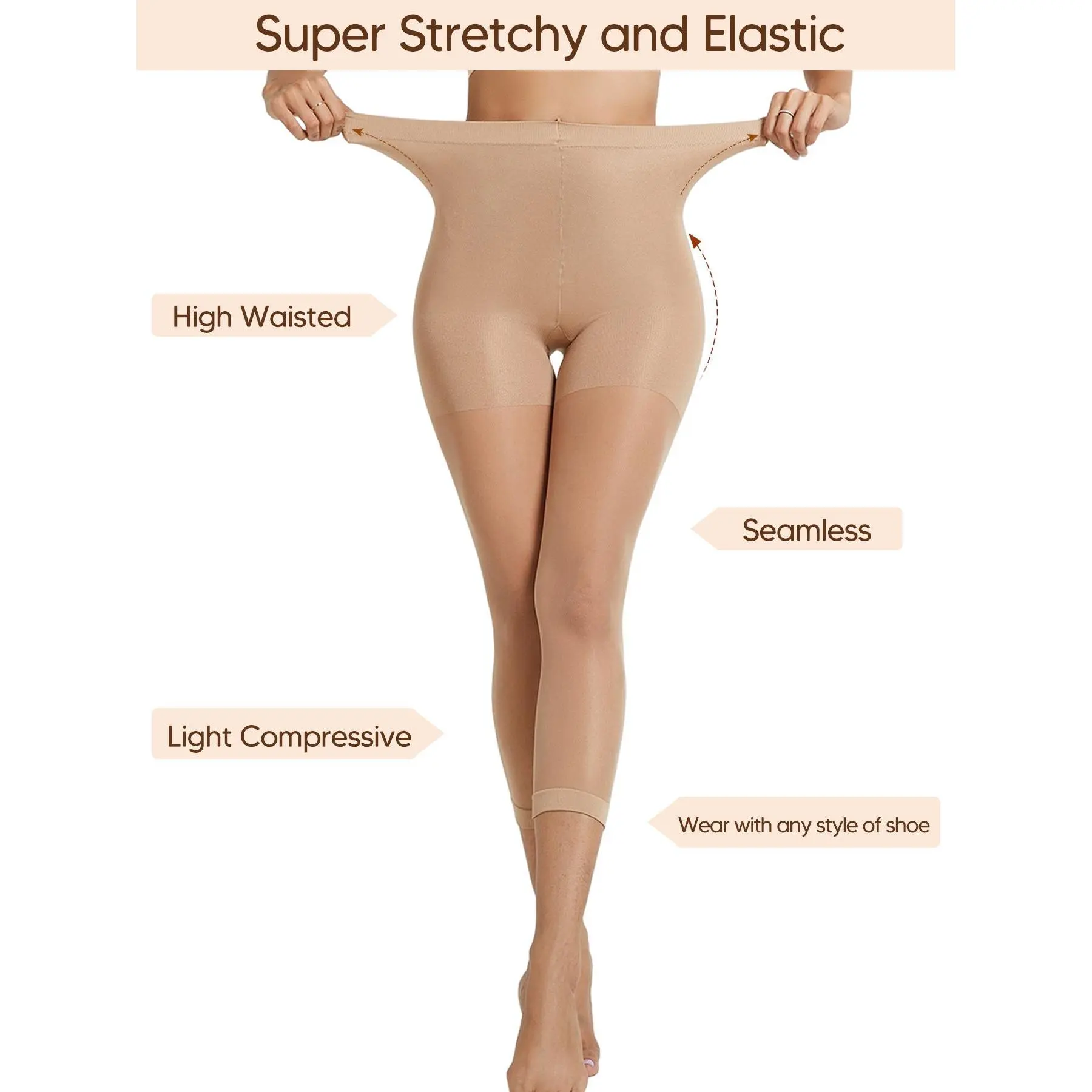 MUEE Women's Shaping Leggings, Super Stretchy and Elastic Pants, High Waisted Open Leg Seven Points Tummy Tuck Shaping Pants Footless Pantyhose Shapewear Capri Shaper Tights