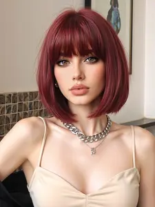 Reddish Synthetic Wig, 12 Inch Heat Resistant Straight Hair with Bangs, Adjustable Capless Design, Comfortable Wear All Seasons, Synthetic Material Wigs