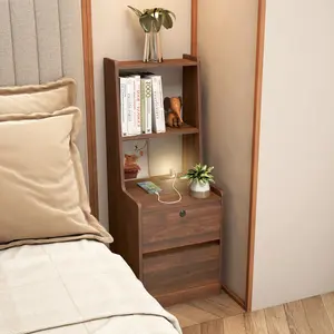 Nightstand with Charging Station, The bedside table comes with a voice-controlled night light, Modern Night Stand with Bookshelf, Bedside Tables with Storage Cabinet for Bedroom, Wood