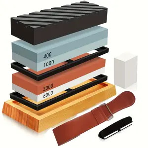 Four-Sided Sharpening Stone Set, Includes Non-Slip Bamboo Base, Leather Abrasive Belt, Leveling Stone, Angle Guide, Portable Kitchen Tool, Knives