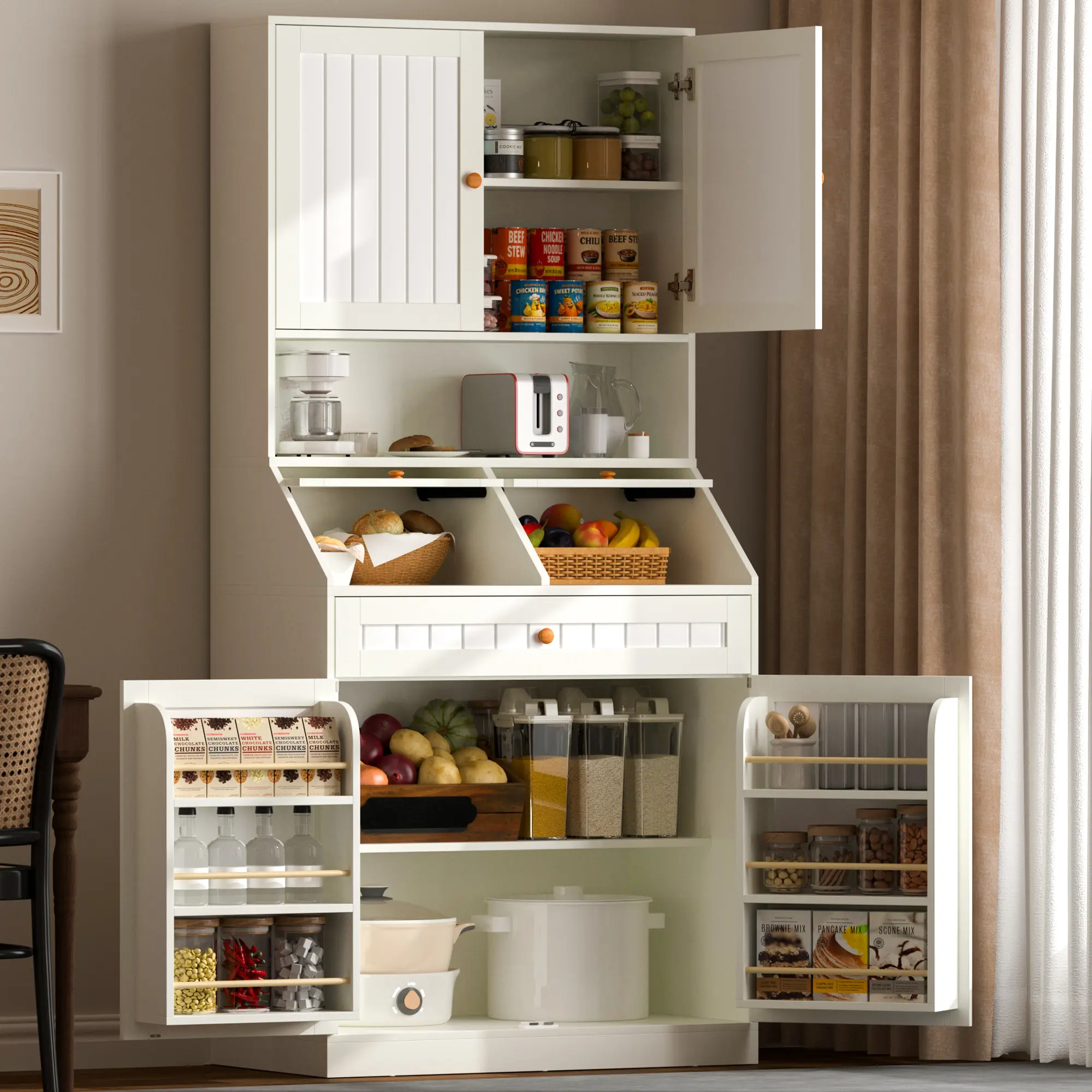 76.6" Farmhouse   tall  Kitchen Pantry Cabinet with Tilt-Out Storage Bins