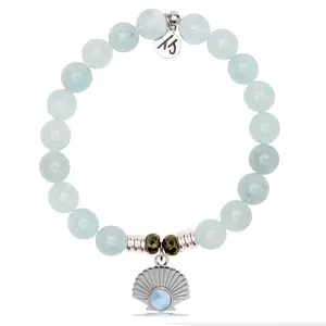 Larimar Charm Collection: Blue Aquamarine Gemstone Bracelet with Larimar Seashell Sterling Silver Charm