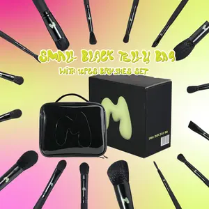 [Made by Mitchell] Small Black Jelly Makeup Bag with 16pcs Makeup Brushes Set – Travel Friendly & Portable All-in-One Makeup Tools Cosmetic Brush Set