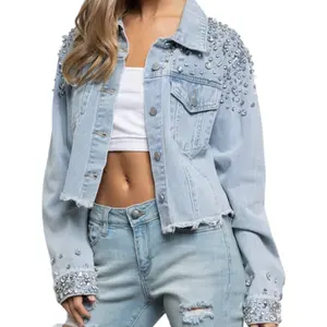 Rhinestones embellish denim jacket for women oversized