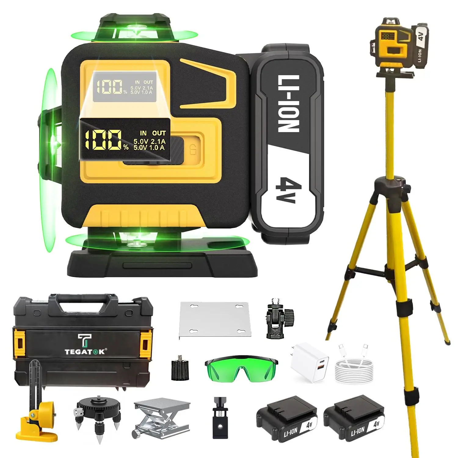 Tegatok 16-Line Self Leveling Laser Leveler Tool, 4x360° Green Beam 4V Plastic Measuring Tool with 2 Lithium Ion Rechargeable Batteries, Wall Mount for Home, Indoor & Outdoor Renovation Use