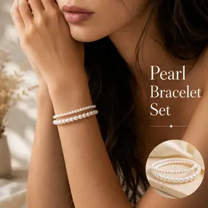 2Pcs White Pearl Bracelets for Women, White Stretch Bridesmaid Pearl Bracelets Bridal Wedding Elastic Bracelets Stackable Faux Pearl Bracelets for Lady Pearl Beaded Bracelets