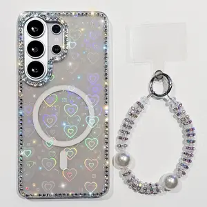 A sparkling diamond magnetic suction, light luxury and exquisite elements, sparkling sweet and cool style Protective phone case suitable for Galaxy S25 S23/824/S26 Plus/Ultra S24/S25FE hanging chain accessory with full diamond lens circle