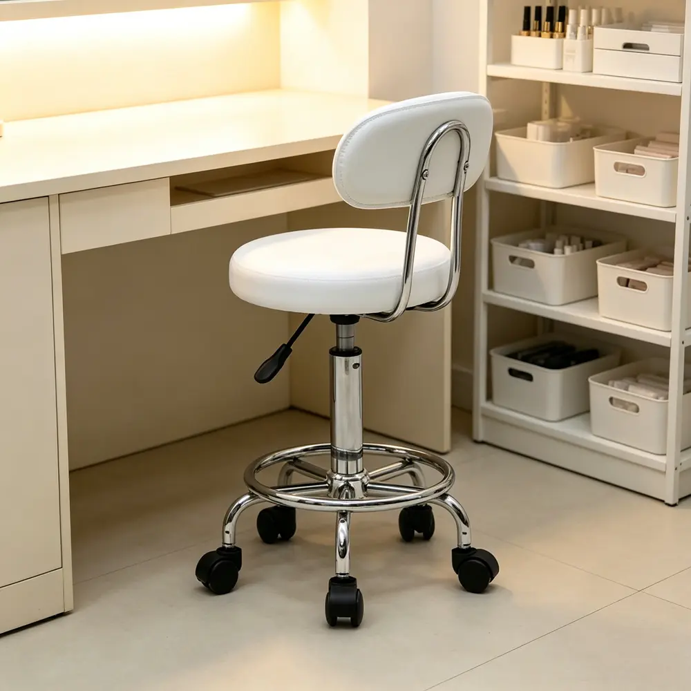 White Adjustable-Height Round Office Leather Stool with Backrest, 360-Degree Swivel, Padded Comfortable Seat, Heavy-Duty for Home Office Desk, Vanity Workstation, Leather Stools