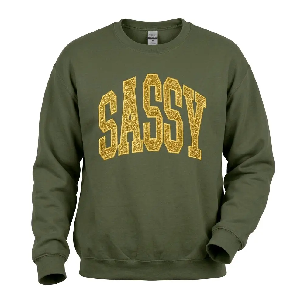 Sassy Glitter Applique Sweatshirt - Olive Green with Bold Gold Lettering for a Stylish Look