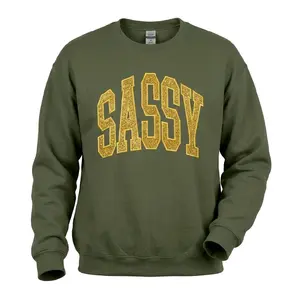 Sassy Glitter Applique Sweatshirt - Olive Green with Bold Gold Lettering for a Stylish Look