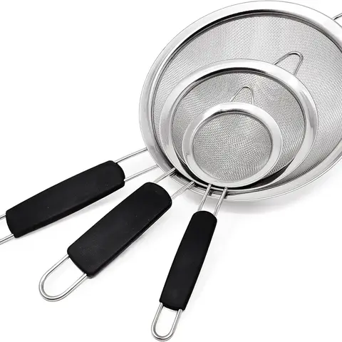 Stainless Steel Fine Mesh Strainers, Set of 3 Sizes Strainer for Kitchen, Wire Sieve with Insulated Handle Kitchen Strainer, Baking Tools Colander, Food Preparation, Flour Sifter, Rice, Pasta Strainer