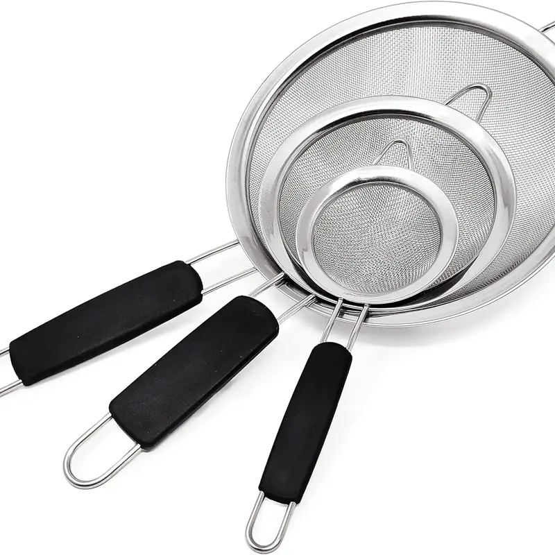 Stainless Steel Fine Mesh Strainers, Set of 3 Sizes Strainer for Kitchen, Wire Sieve with Insulated Handle Kitchen Strainer, Baking Tools Colander, Food Preparation, Flour Sifter, Rice, Pasta Strainer