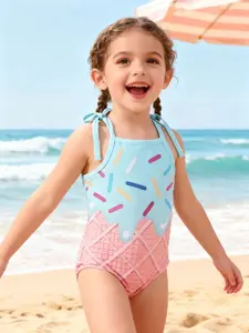 Cute Cartoon Ice Cream Cake Print Girls' One-Piece Swimsuit, Adjustable Strap Swimwear for Kids, Creative Design Bathing Suit, Swim Bodysuit