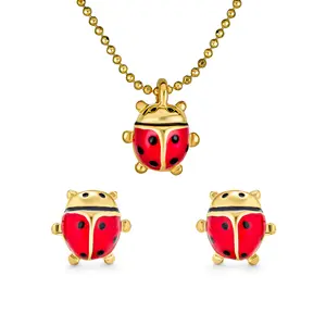 Small Red Enamel Ladybug Pendant Necklace Stud Earrings Set