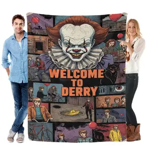It Chapter Two Welcome to Derry Collage Flannel Blanket Horror Gift Pennywise Red Balloons Losers’ Club Vintage Design