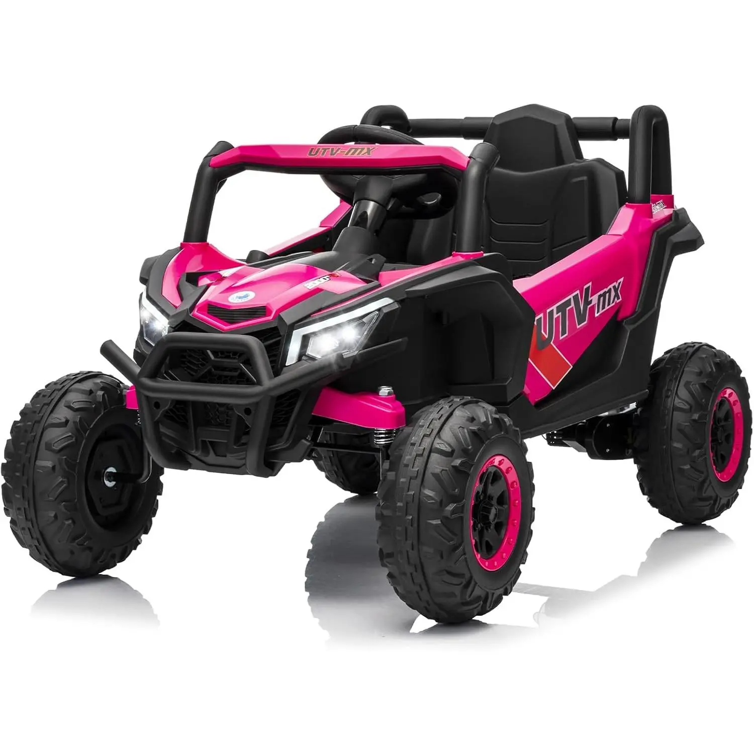 【Christmas Gift】Pink 12V Kids Ride On UTV Truck With Remote Control 4WD/2WD Switchable Four Motors Spring Suspension Eva Tires Led Lights Music And Safety Belt Rose