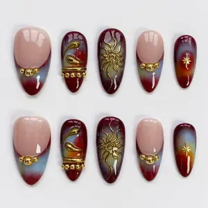 Aura Nails/Brown press on nails long almond nails/Gothic nails/Gold chrome nails/Sun Star Nails/Birthday nails/Custom Nails/Goth nails