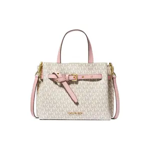 Michael Kors MK Emilia Logo Monogram Zipper Square Polyester Shoulder Crossbody Handbag Small Women Pink White